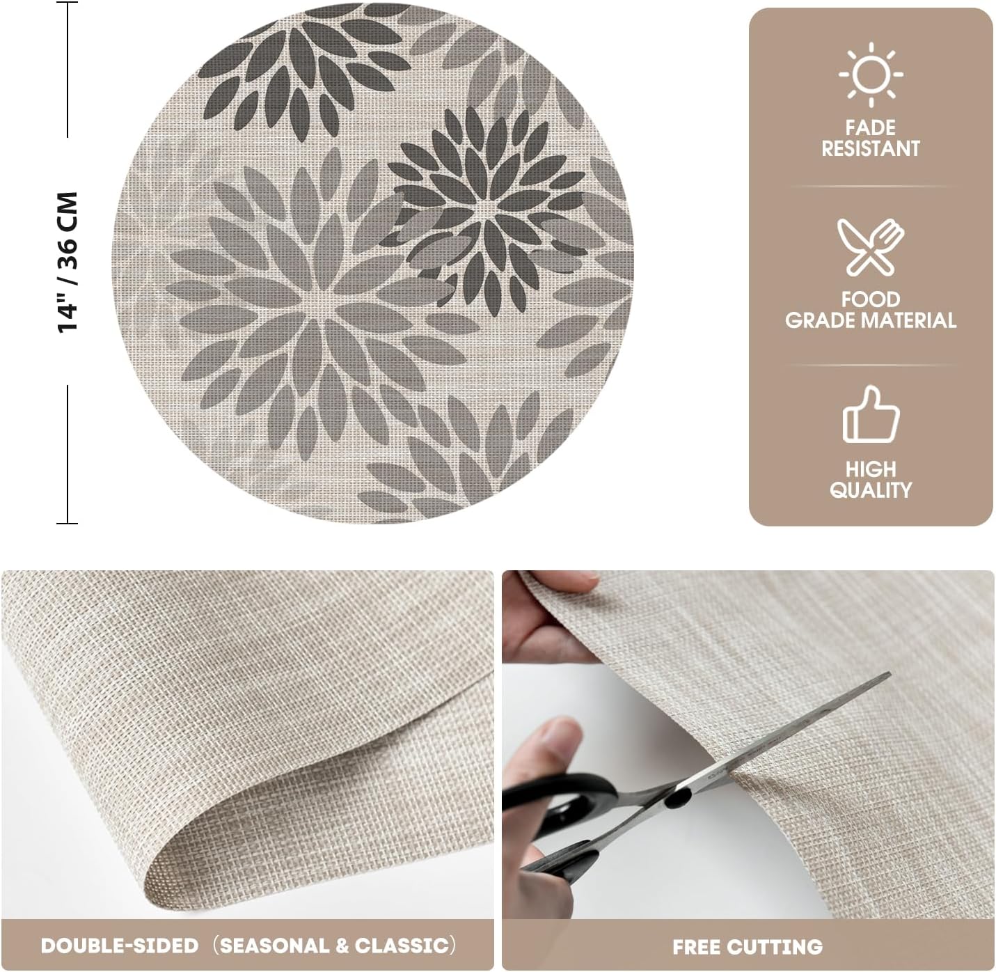 Artoid Mode Gray Dahlia Plastic Round Placemats Set of 4, 14 Inch Seasonal Wipeable Woven Vinyl Table Mats for Farmhouse Party Kitchen Dining Decor