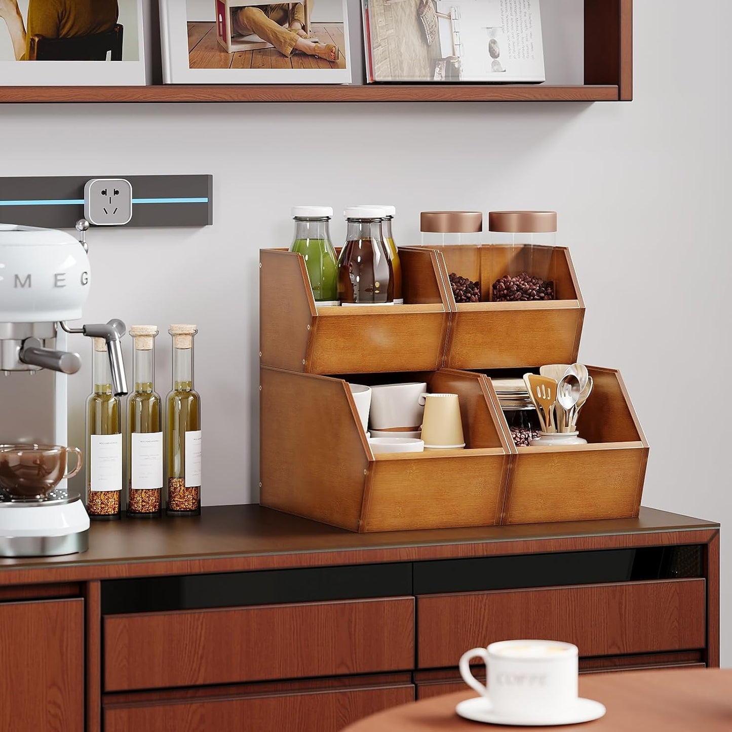 2 Set Bamboo Pantry Storage Bins Wood Stackable Baskets Potato and Onion Storage Bins Fruits Vegetable Bread Organization for Kitchen Counter