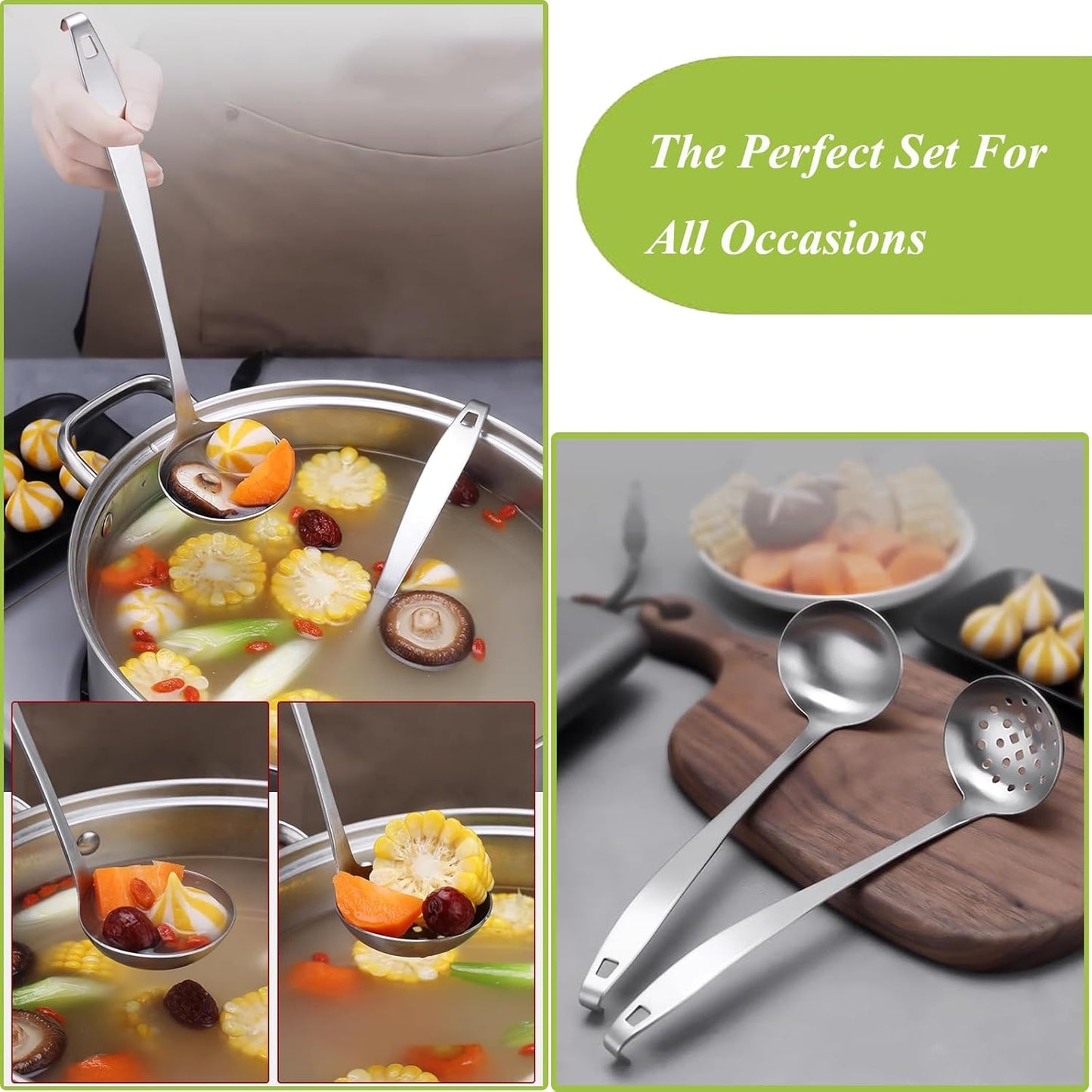 Stainless Steel Soup Ladle,Serving Ladle Scoop And Slotted Spoon Set Of 2 with Hook and Hole for Easy Hanging,Cooking Utensils Set for Kitchen