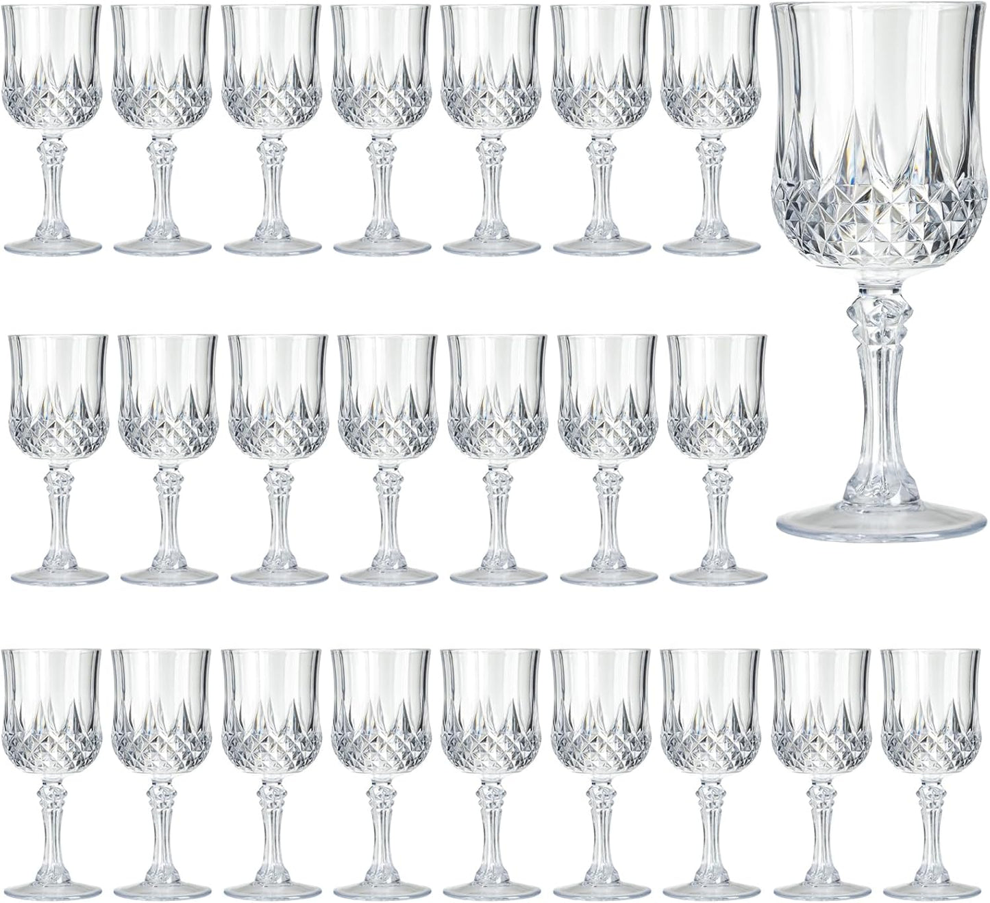 7OZ Plastic Wine Glasses, 24Pcs Clear Reusable Drinking Cups Vintage Champagne Flutes, Plastic Crystal Water Goblets for Parties Stemmed Shatterproof Drinking Glasses for Wedding, Toasting Party