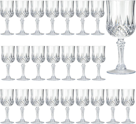 7OZ Plastic Wine Glasses, 24Pcs Clear Reusable Drinking Cups Vintage Champagne Flutes, Plastic Crystal Water Goblets for Parties Stemmed Shatterproof Drinking Glasses for Wedding, Toasting Party