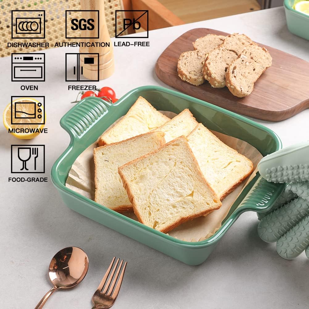 Sweejar Ceramic Baking Dish, 8 x 8 Cake Baking Pan for Brownie, Porcelain Square Bakeware with Double Handle for Casserole, Lasagna, Family Dinner (Light Green)
