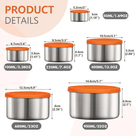 6 Pack Stainless Steel Snack Containers with Silicone Lids, Metal Food Storage Container for Snackle Box, Nesting Lunch Box Containers for Travel