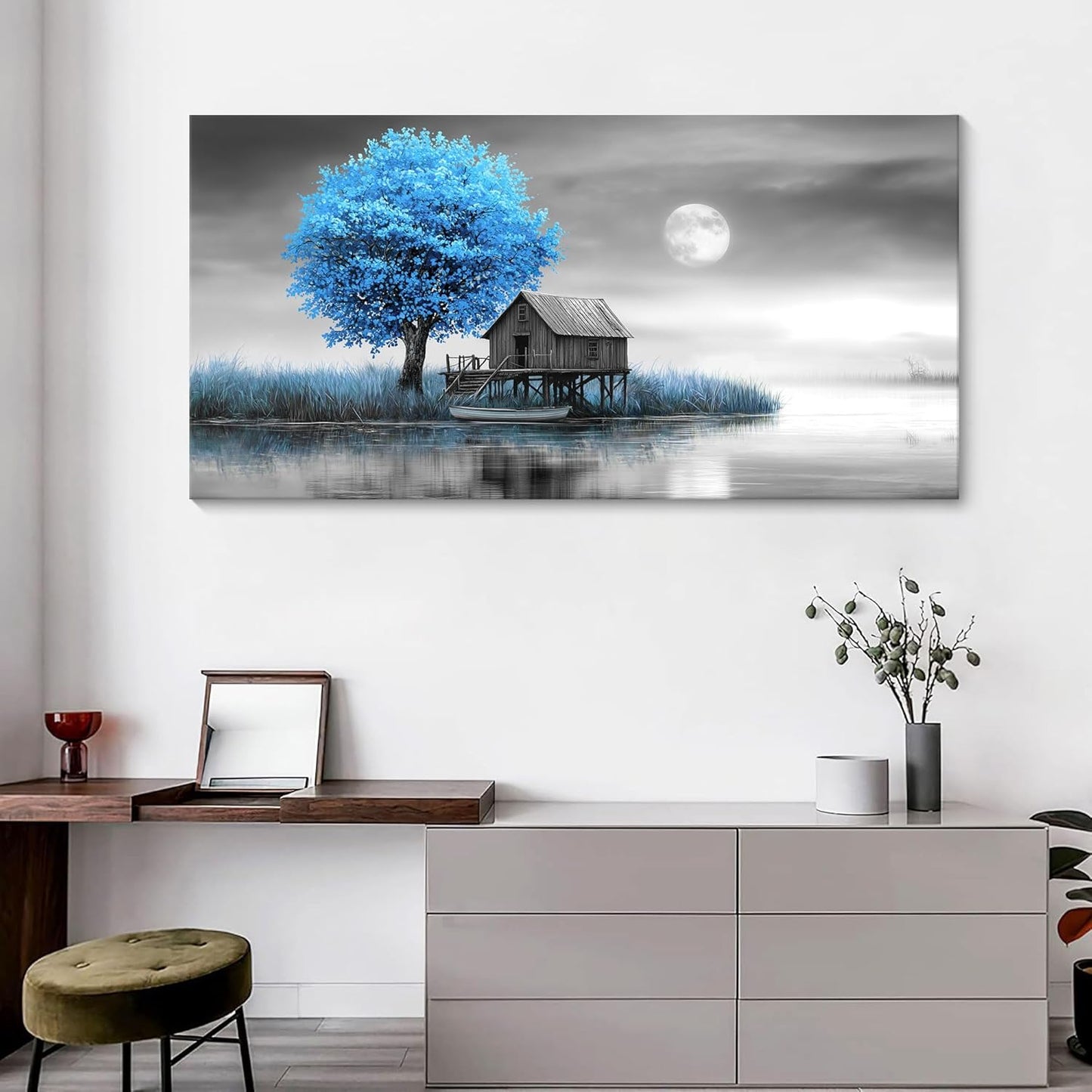 JEAWA Large Canvas Wall Art Decor - Blue Gray Wall Art for Living Room Home Office, Winter Landscape Wall Art Canvas Paintings, Moon Pictures Wall Decor, Tree Art Wall Decor, 29x58 IN