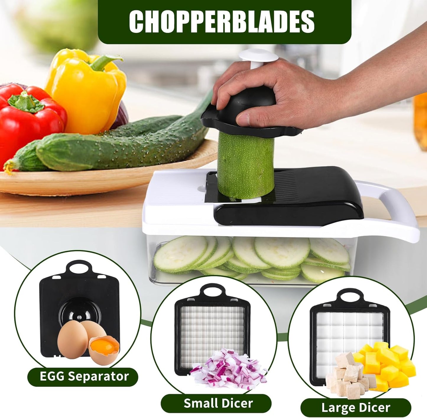 Multifunctional vegetable cutter 26 in 1 vegetable slicer, cucumber slicer, potatoes, tomatoes, zucchini, garlic, eggs, vegetable cutter with container and lid, salad cutter, dicing machine, shredder