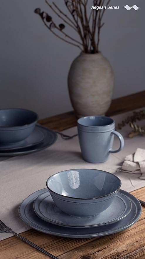 Famiware Aegean Stoneware Dinnerware Set for 4, Plates and Bowls Sets, 12-Piece Scratch-Resistant Dinner Plate Set, Handmade Irregular Round Dishes - Microwave and Dishwasher Safe, Blue Grey