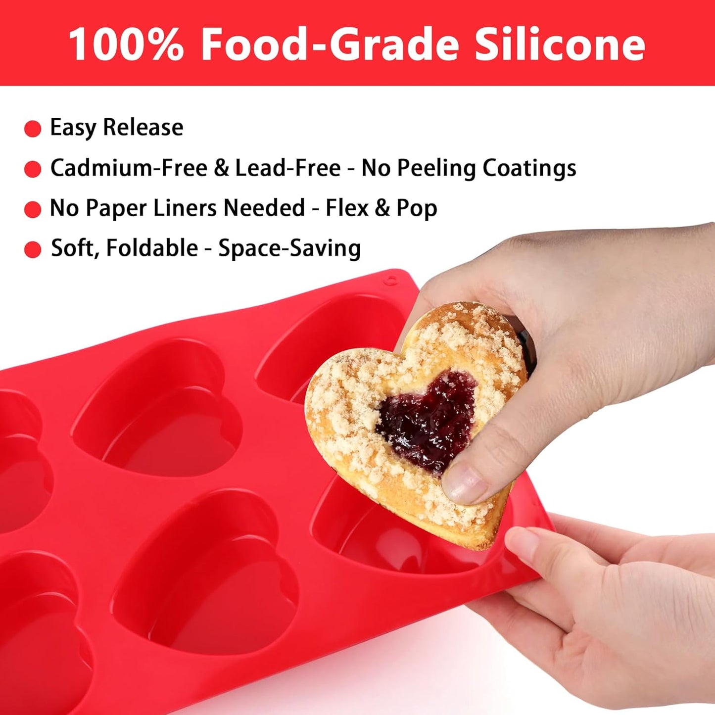 3-Pack 6-Cup Silicone Muffin Pans, Nonstick Cupcake Baking Molds, BPA/PFA-Free, Dishwasher & Oven Safe Heart-shaped Red