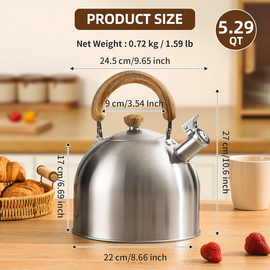 18/8 Stainless Steel Tea Kettle for Stovetop (5L / 5.29 Quart, Whistling Tea Pot, Wood Handle)-Silver