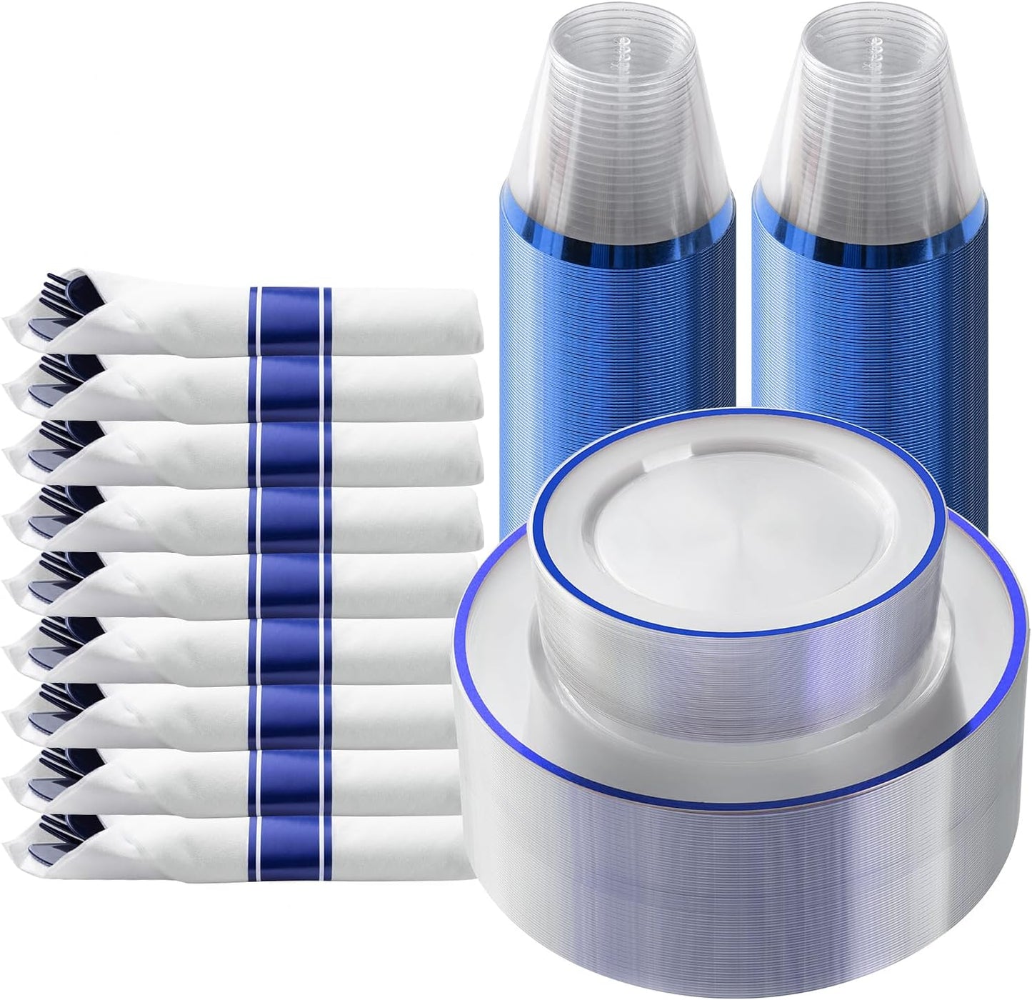 Goodluck 175 Piece Dark Blue Plastic Dinnerware Set for Party, Clear Disposable Plates for 25 Guests, Include: 25 Dinner Plates, 25 Dessert Plates, 25 Pre Rolled Napkins with Cutlery Set, 25 Cups