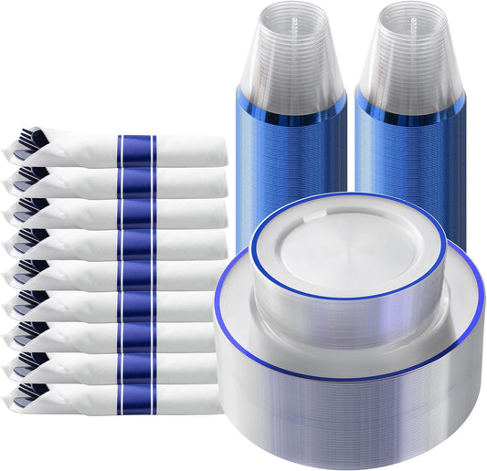 Goodluck 175 Piece Dark Blue Plastic Dinnerware Set for Party, Clear Disposable Plates for 25 Guests, Include: 25 Dinner Plates, 25 Dessert Plates, 25 Pre Rolled Napkins with Cutlery Set, 25 Cups
