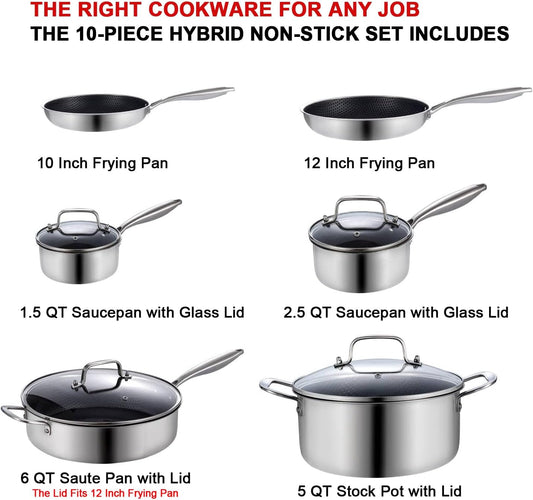 LOLYKITCH 10 Piece Kitchen Cookware Set,Hybrid Tri-ply Stainless Steel Pots and Pans Set,Induction Cookware,Heavy Duty,Dishwasher and Oven Safe.