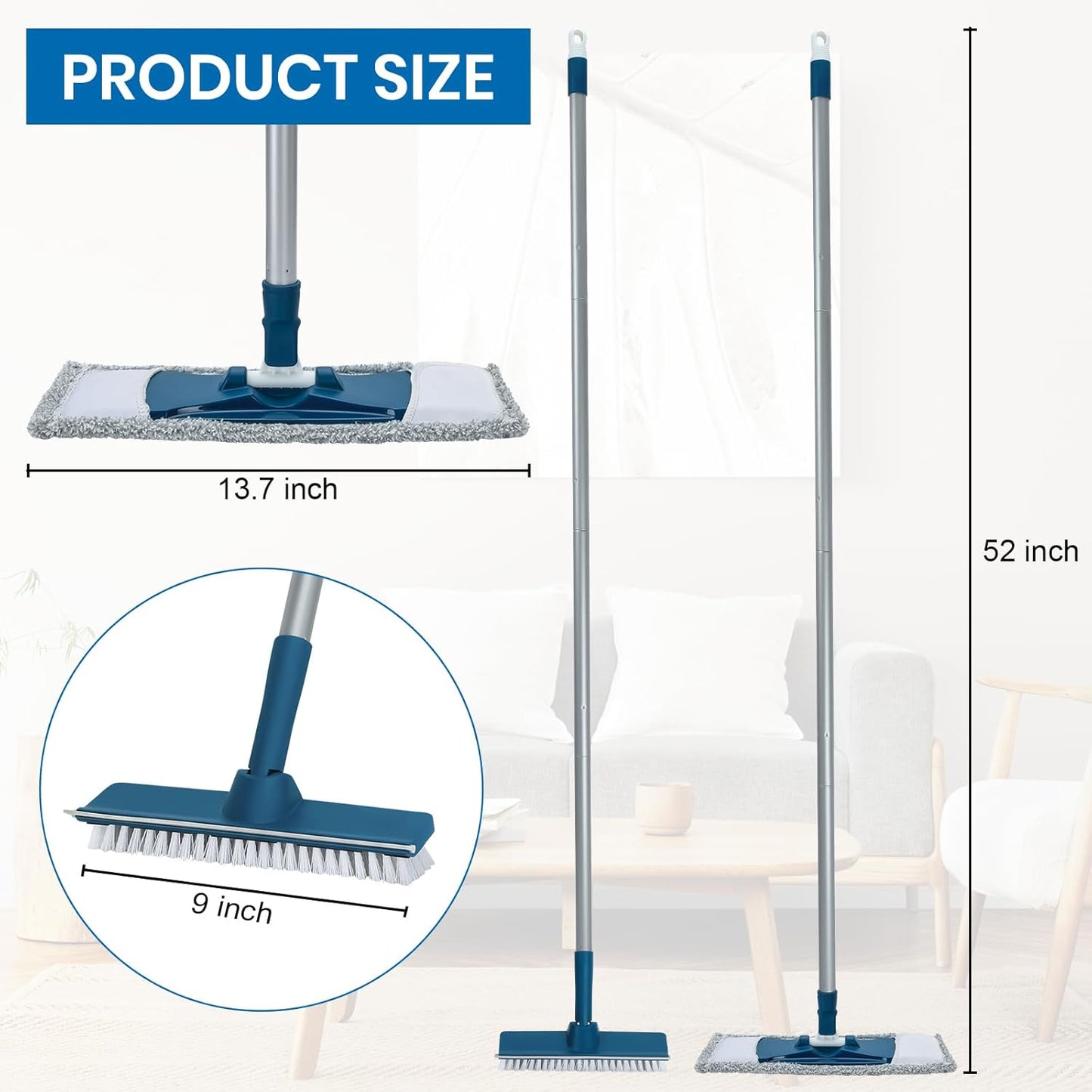 Collapsible Mop and Bucket Set with Scrub Mop and Brush, Tile Laminate Hardwood Floor Brush and Flat Mops for Floor Cleaning, Foldable Bucket with Washable Microfiber Mop(Blue)