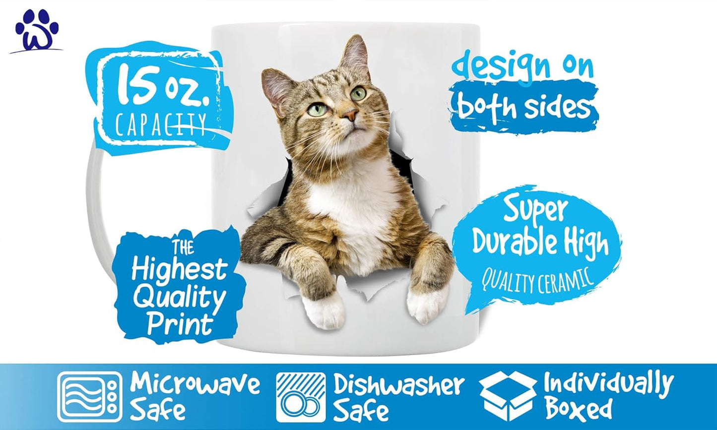 Pondering Tabby Cat Coffee Mug - Ceramic Funny Coffee Mug - Perfect Cat Lover Gift - Cute Novelty Coffee Mug Present - Great Birthday or Christmas Surprise for Friend or Coworker, Men and Women (15oz)