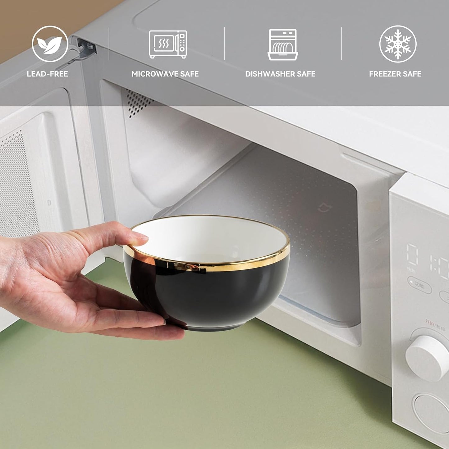 Black Ceramic Dinnerware Sets for 4, 16-Piece Contrast Plates and Bowls Set with Gold Rim, Crack Resistant | Dishwasher & Freezer Safe Dinnerware Set, Service for 4