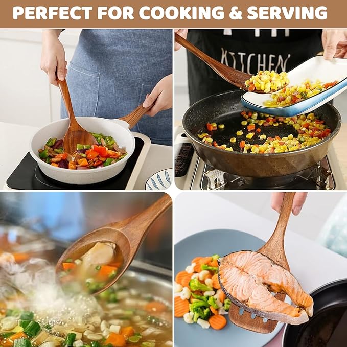 8 PCs Teak Wooden Utensil Set with Hooks, Wooden Spoons for Cooking, Wood Cooking Utensils Set, Comfort Grip, Non Stick Cookware, Easy to Clean, Kitchen Stuff, Wood Spatula