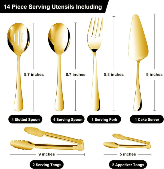 14PCS Serving Utensils - Hostess Serving Utensils Set, Premium Stainless Steel 8.7 inch Serving Utensils, Slotted Spoons, Fork, Tongs, Cake Pie Server for Buffet, Wedding, Dinner (Gold)