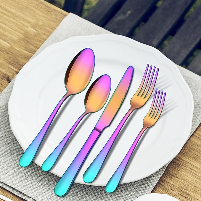 20 Piece Rainbow Silverware Set, ENLOY Colorful Stainless Steel Flatware Cutlery Set, Kitchen Utensil Set Service for 4, Include Forks Spoons Knives, Reusable, Mirror Polished, Dishwasher Safe
