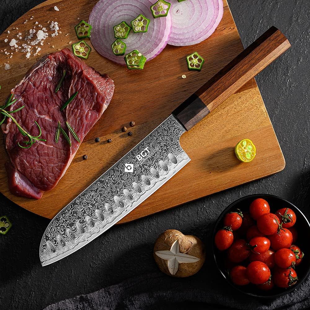 BGT 7 inch Santoku Knife, Japanese Sharp Chef Knife, Japanese VG10 67 layer Damascus Steel Kitchen Knife with Ebony Wood Handle and Gift Box