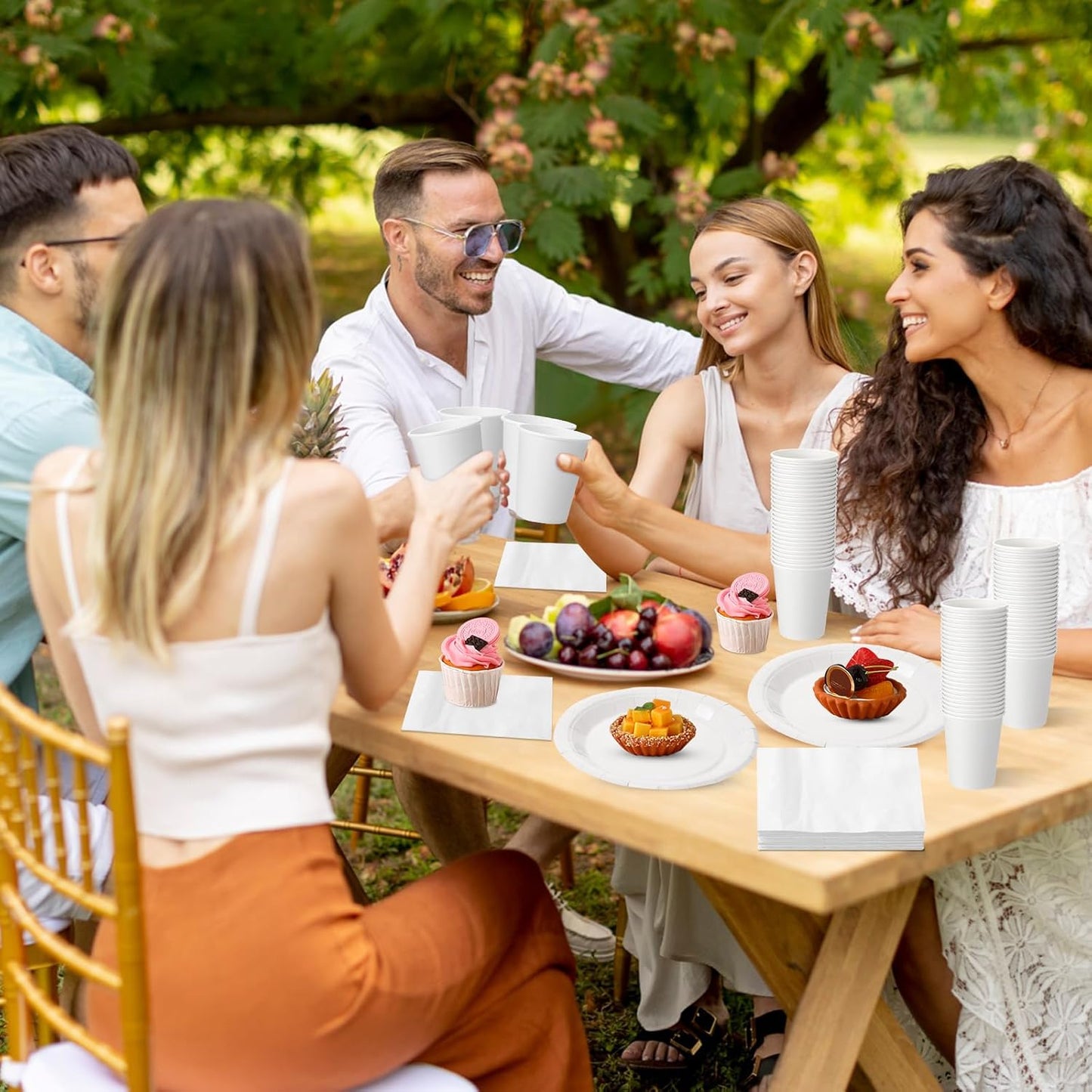 Tioncy 200 Pcs Disposable Paper Plates Cups and Napkins Party Supplies Serve 50 Guests Disposable Paper Dinnerware Set for Halloween Birthday Wedding Baby Shower Family Picnic(Sand White)