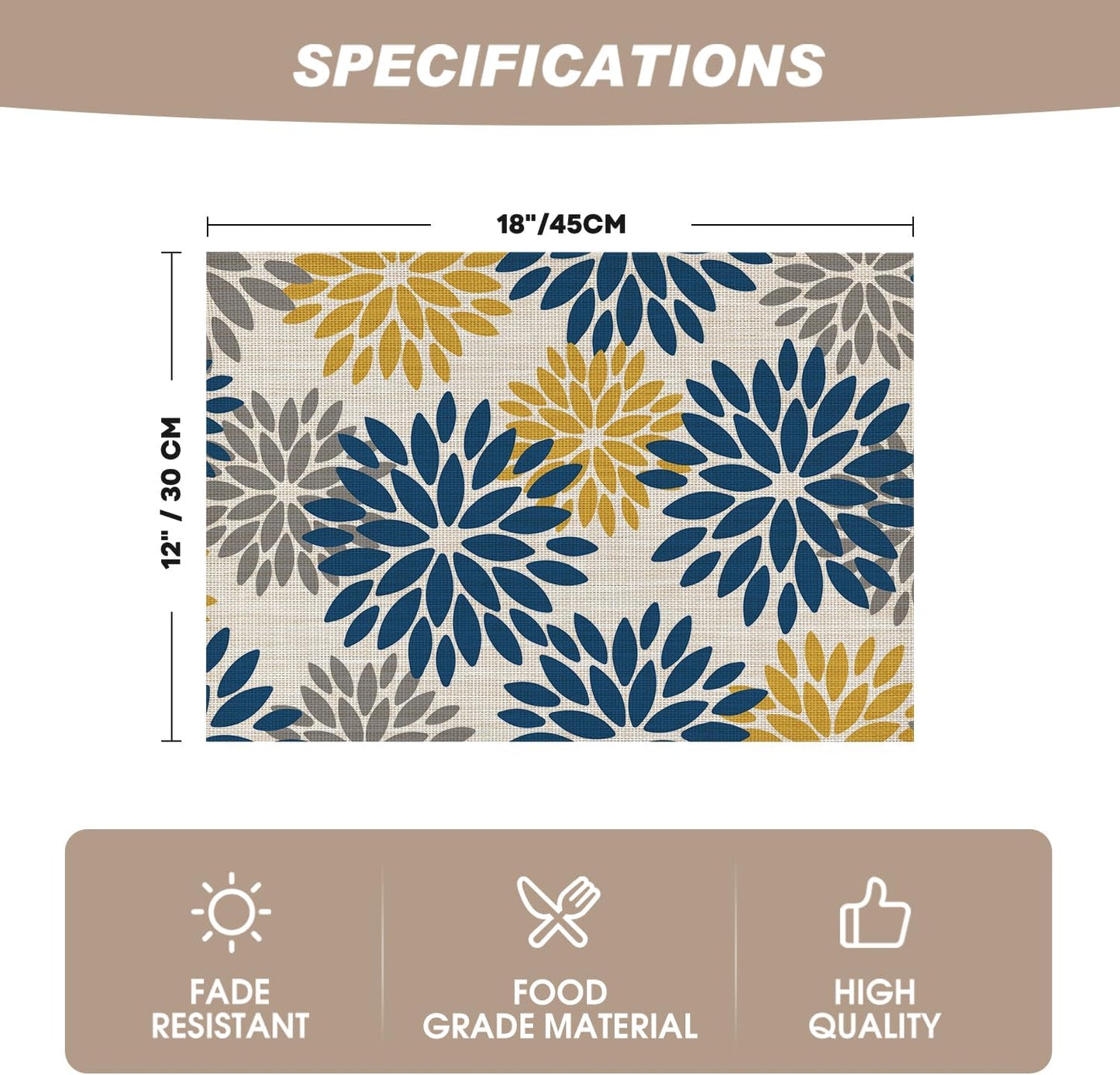 Artoid Mode Floral Vinyl Placemats Set of 6, Heat Resistant Washable Non-Slip Plistic PVC Place Mats for Party Kitchen Dining Decor, Blue Yellow