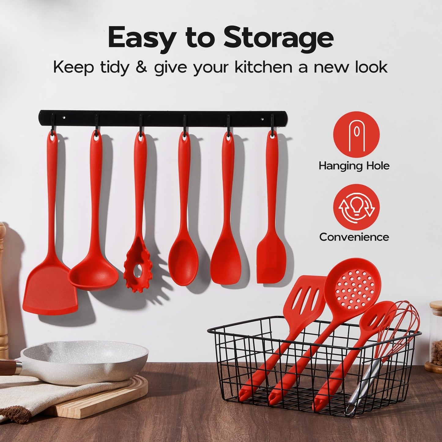 Onader 10 Pieces Cooking Utensils Set, Red Silicone Kitchen Utensils Set for Cooking, Non Toxic & Heat Resistant