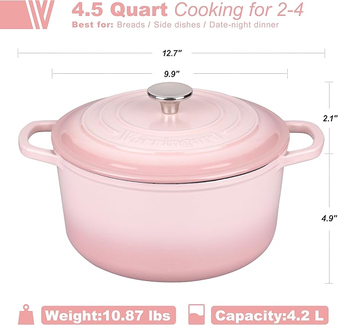 Enameled Cast Iron Dutch Oven Pot with Lid, for Sourdough Bread Baking, Round Dutch Ovens, 4.5 Quart, Pink
