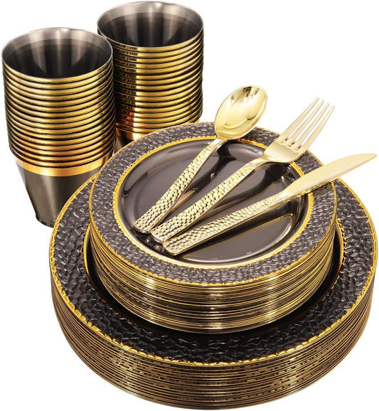 Nervure 150PCS Clear Black Plastic Plates - Gold Party Plates - Black and Gold Dinnerware Set Include: 50 Plate, 25Cups, 25Forks, 25Knives, 25Spoons for New Year & Party & Halloween