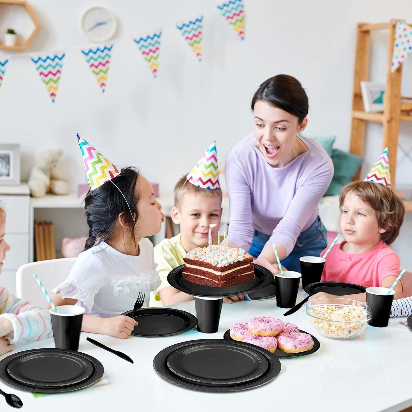 TWOWYHI 228PCS Black Party Supplies Set Include Paper Plates Cups Black Napkins Plastic Spoons Forks Knives for 30 Guests Disposable Party Dinnerware for Birthday Wedding Family Picnic