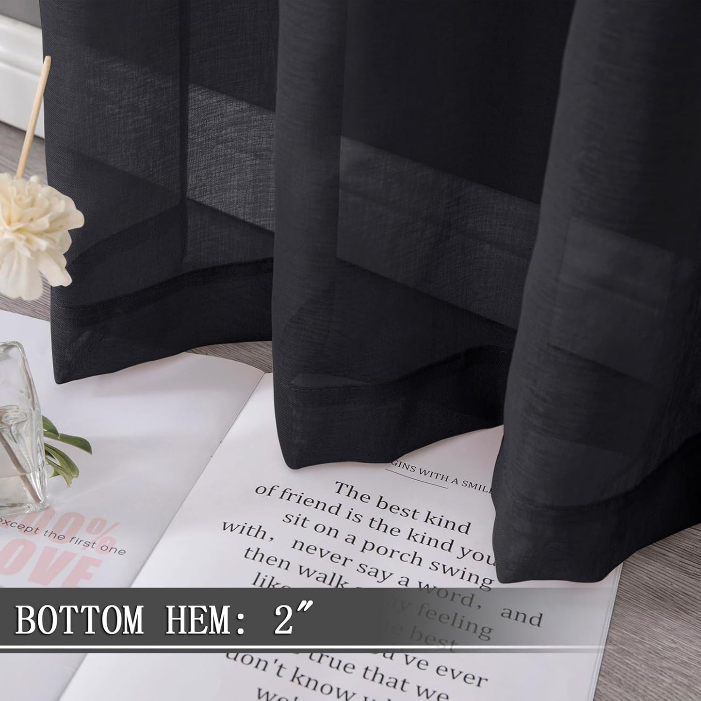 Tollpiz Sheer Tier Curtains Kitchen Linen Textured Half Curtain Sheers Light Filtering Rod Pocket Voile Bathroom Short Curtains for Farmhouse, 25 x 30 inches Long, Black, Set of 2 Panels