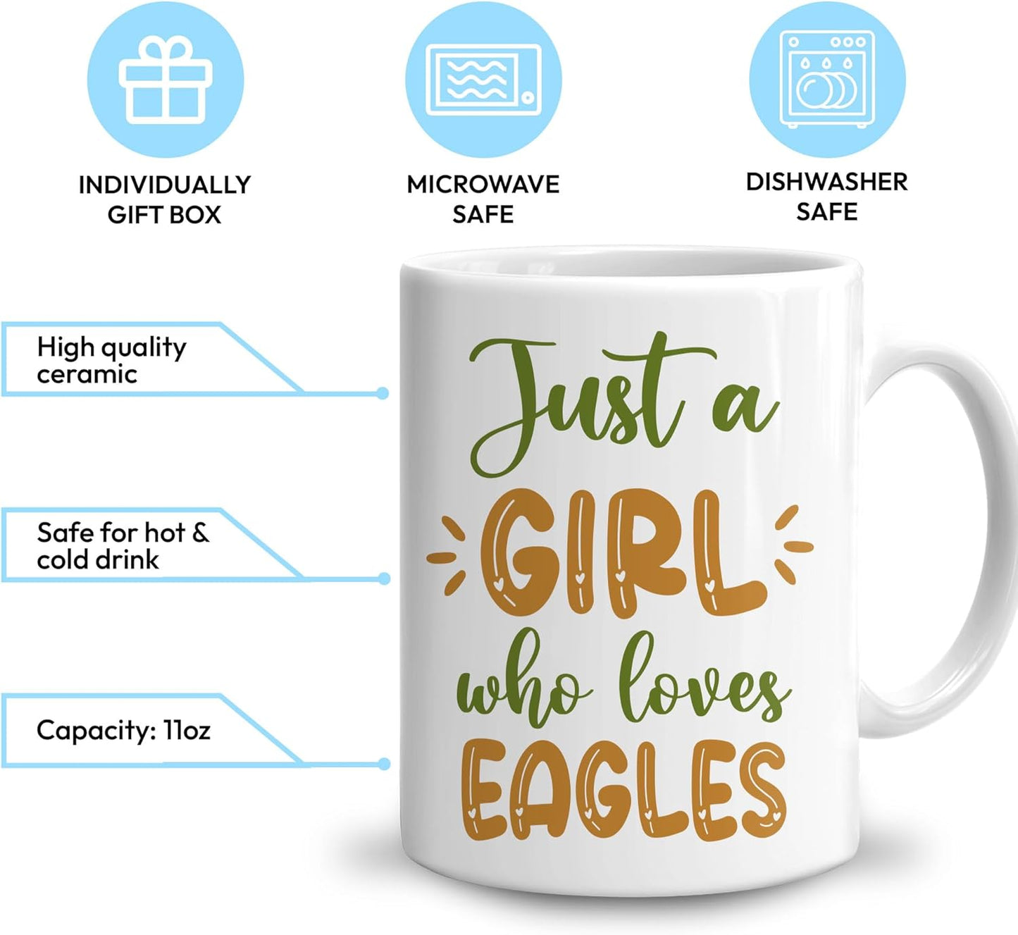 Hyturtle Personalized Gifts Eagle Lover - Just A Girl Who Loves Eagles Custom Name Ceramic Coffee Mug Cup 11oz - Idea Cute Animal Lover Gifts For Women, Girl Daughter On Birthday, Christmas