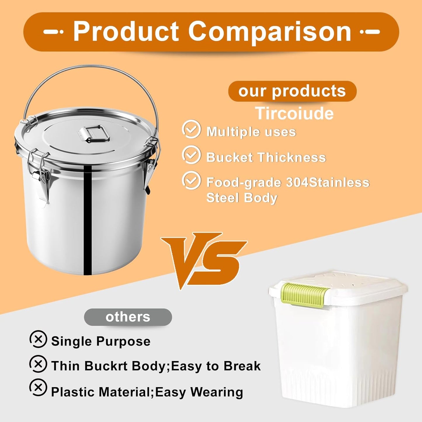 304 Stainless Steel Airtight Canister, 9L/2.4Gal Food Storage Containers with Lids and 4 Lock Clips Rice Cereal Grain, Oil Storage Bucket for Household Kitchen Bar Restaurants (Handheld)