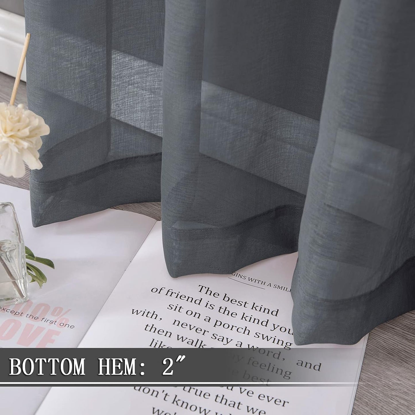 Tollpiz Sheer Curtains Bedroom Linen Textured Curtain Sheers Light Filtering Voile Rod Pocket Curtains for Living Room, 38 x 84 inches Long, Dark Grey, Set of 2 Panels