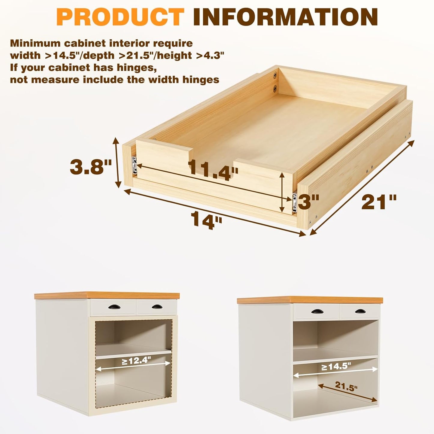 Pullout Cabinet Organizer, 14''W×21''D×3''H Slide Out Shelves for Kitchen Cabinets, Pull out Drawers for Kitchen Cabinets, Pantry, Bathroom, & Storage Organization