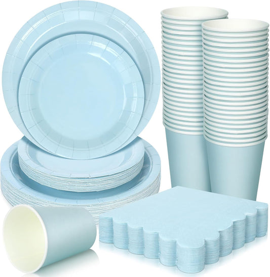 150 Pcs Disposable Party Dinnerware Supplies Set Includes 7'' 9'' Disposable Paper Plates 9oz Paper Cups Scalloped Cocktail Napkins for Baby Shower Birthday Wedding(Light Blue)