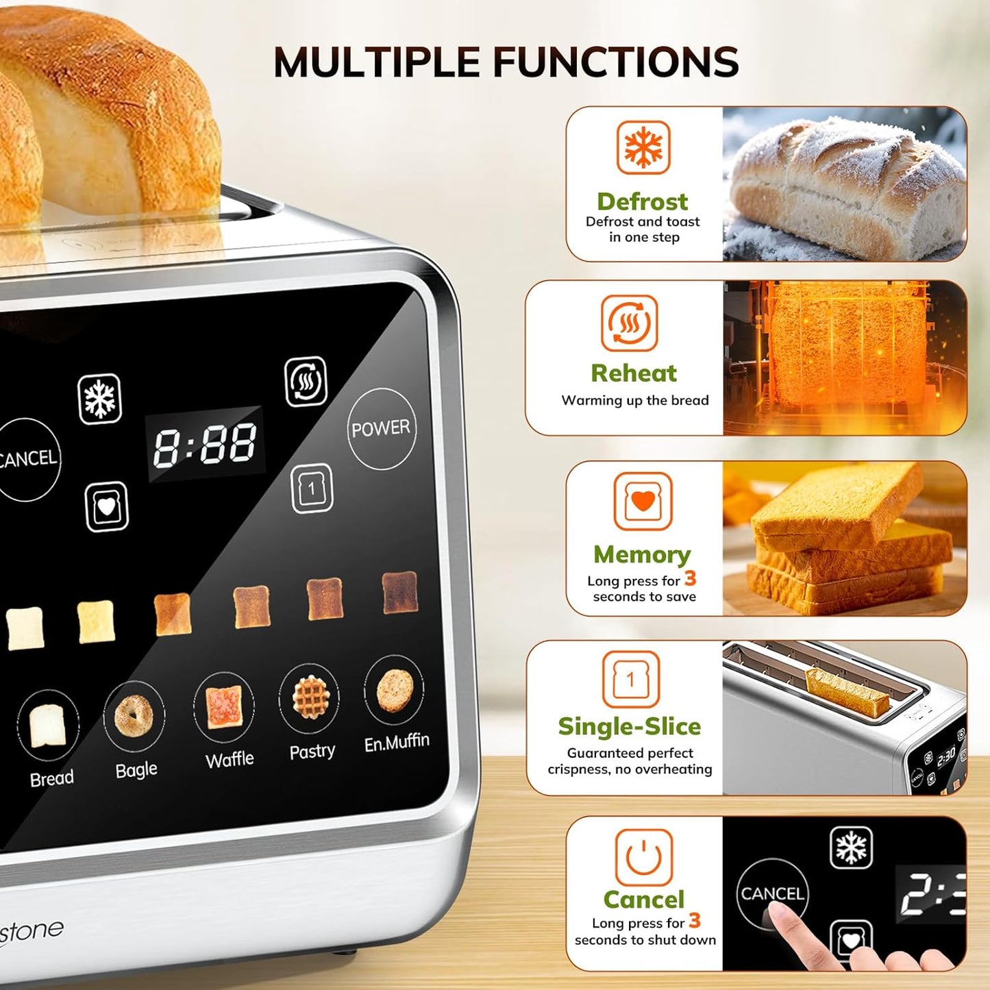 Keenstone Toaster 4 Slice, Digital Smart Toaster with TouchScreen, Memory Function, Single Slot Toasting, Timer, Reheat & Defrost for Bagels, Bread, Waffles, Muffin, Stainless Steel Kitchen Essentials