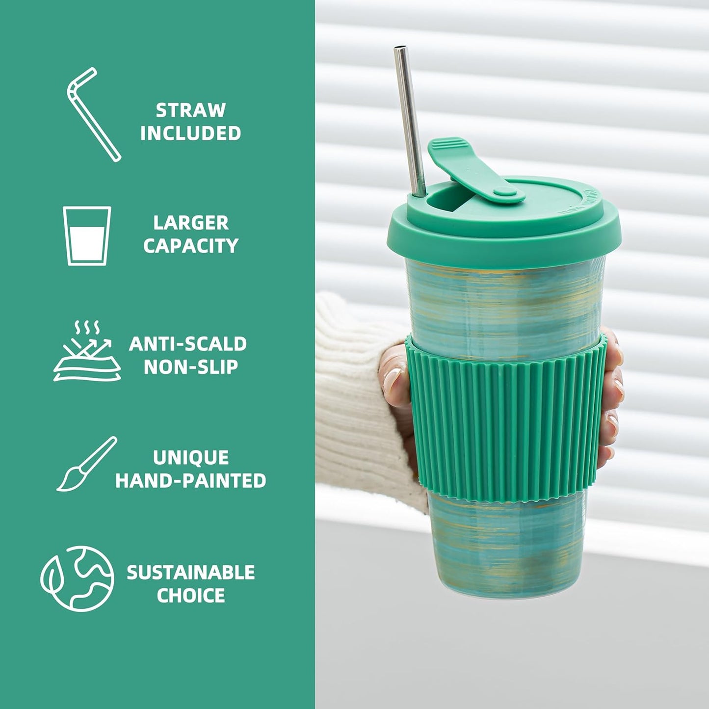 Travel Coffee Mug Light Green, Ceramic Coffee Mug With Lid And Drinking Straw(15oz/450ml), Handcrafted Novelty Travel Mugs, Microwave & Dishwasher Safe Tumbler With Lid, Unique Gifts