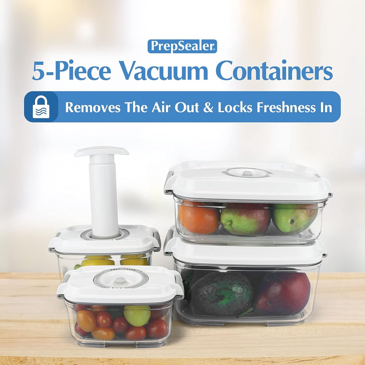 PrepSealer Food Storage Vacuum Container 4-piece Container with Maunal Pump, BPA free, Tritan, Keep food and ingredients fresh up to four times longer than conventioal storeage.