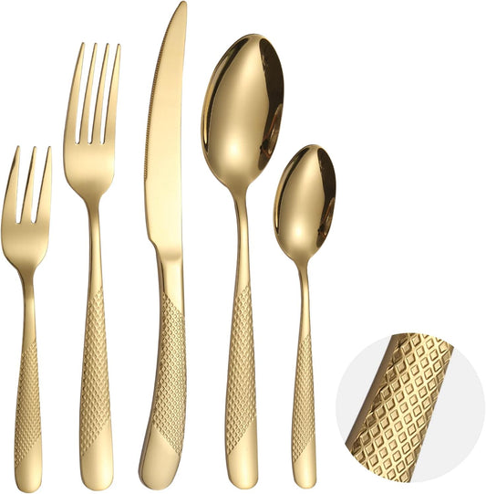 Hammered Silverware Set Gold Modern Stainless Steel Flatware for 4 Forks Knives and Spoons Party Dinning Utensils Elegant Creative Design Handle Festival Parties Everyday Use