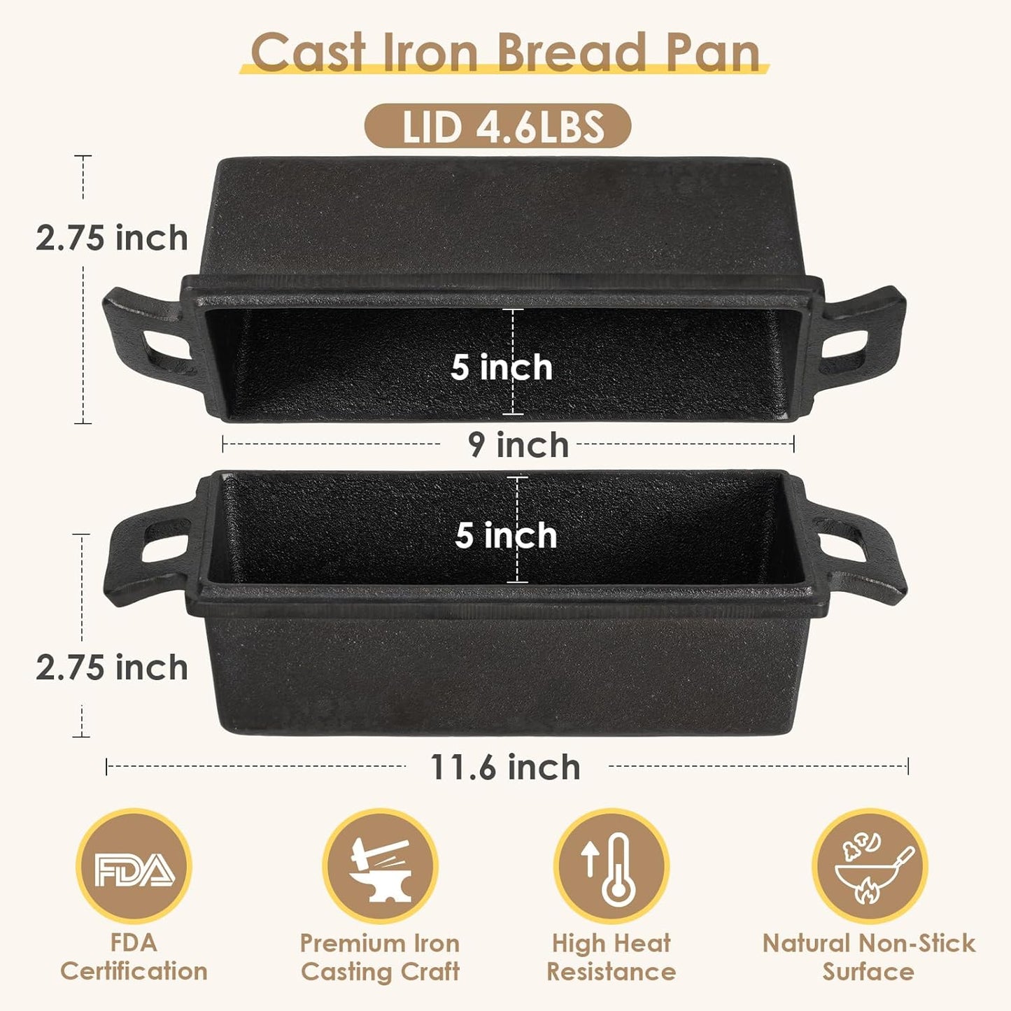 2 in 1 Cast Iron Loaf Pan with Lid, 9×5 Inch Bread Baking Pans for Homemade Bread, Pre-Seasoned Loaf Pan Bread Pan with Sourdough Bread Baking Supplies for Bread Baking, Meatloaf (2 Piece Set)