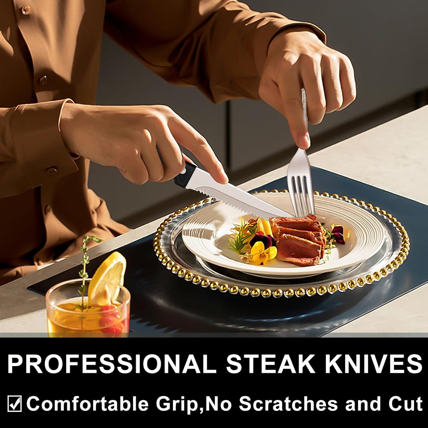 49-Piece Silverware Set with Organizer, Stainless Steel Tree Pattern Flatware for 8, Cutlery Utensil Sets with Steak Knives, Rust-proof, Mirror Polished, Dishwasher Safe