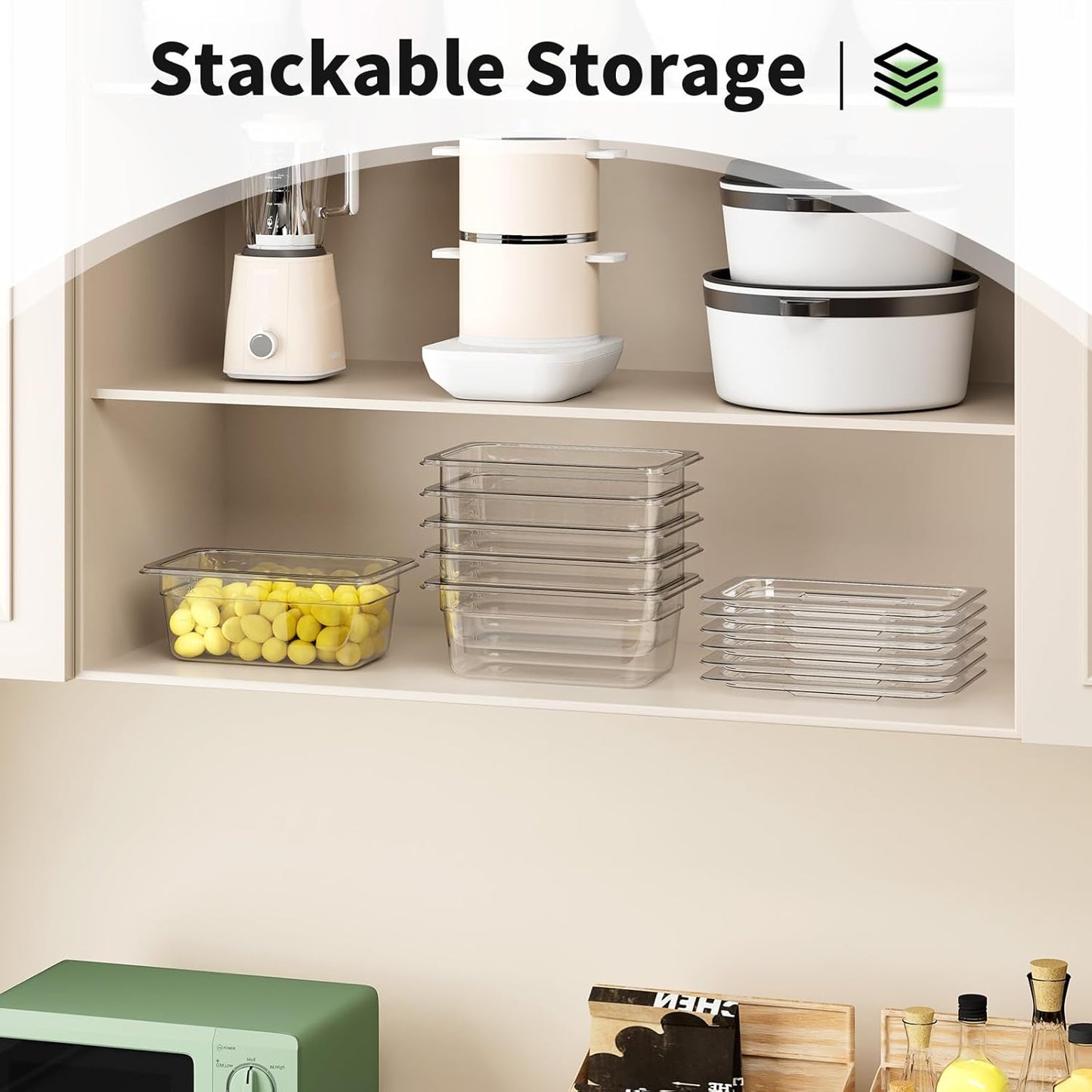 1/4 4'' 6 Pack Plastic Food Pans With Lids, Clear Food Pan, Commercial Stackable Polycarbonate Freezer-Safe for Fruits Vegetables Restaurant Kitchen