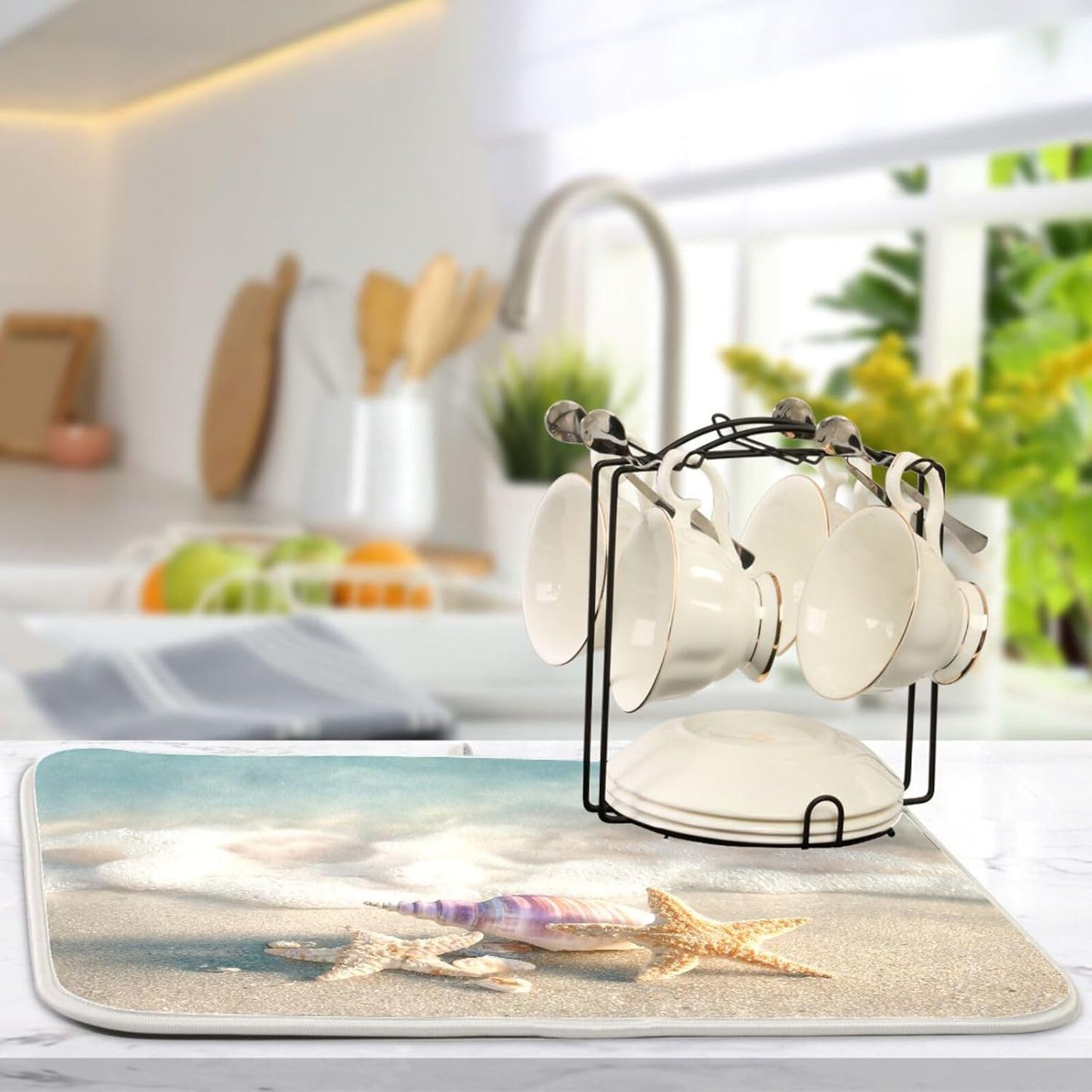 Beach Sand Seashells Starfish Dish Drying Mat for Kitchen Counter Super Absorbent Dishes Pad Reversible Microfiber Protector Dish Draining Mats 16x18 inch