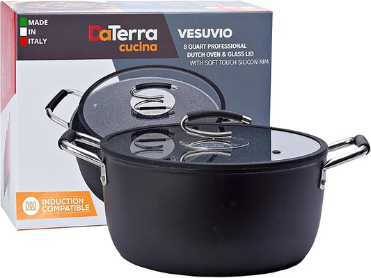 DaTerra Cucina – 8 Qt Nonstick Ceramic Dutch Oven with Lid – Large Oven Safe Stock Pot, Induction Compatible, Lightweight, Lead & PFOA Free, Volcanic Black, Durable Nonstick Cookware – Made in Italy