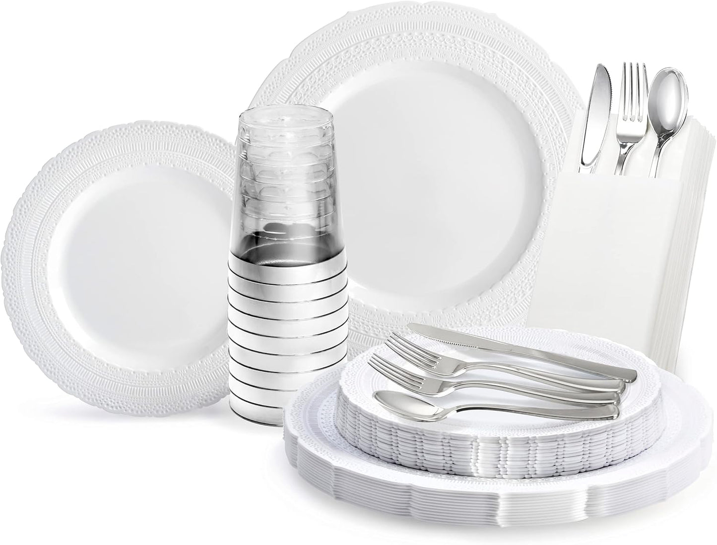 " OCCASIONS " 320pcs set (40 Guests)-Extra Heavyweight Vintage Wedding Disposable/Reusable Plastic Plates (40 x 11'' + 40 x 8.25'')+Silverware+12oz Cups+Napkins (Chateau Collection White)