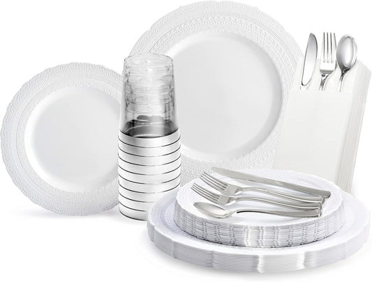" OCCASIONS " 200pcs set (25 Guests)-Extra Heavyweight Vintage Wedding Disposable/Reusable Plastic Plates (25 x 11'' + 25 x 8.25'')+Silverware+12oz Cups+Napkins (Chateau Collection White)