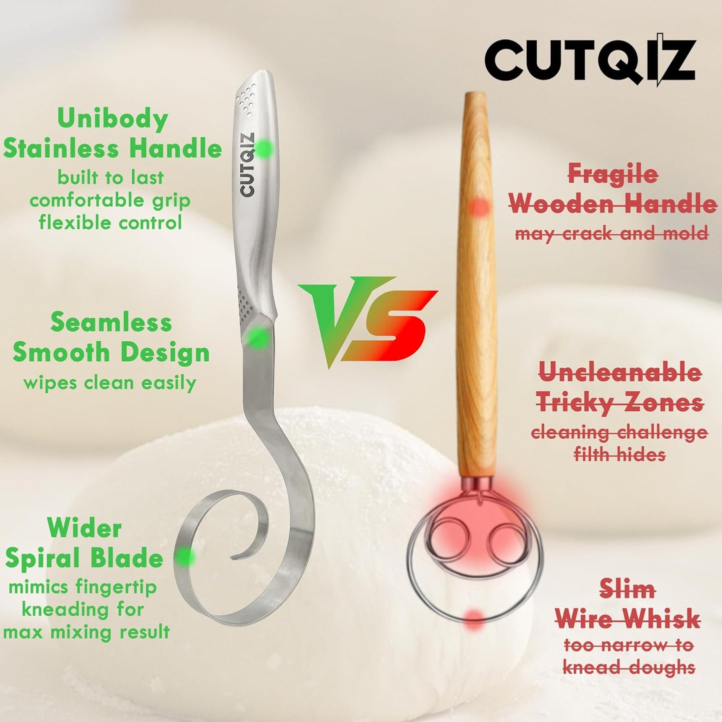 10-Inch Kitchen Essential Danish Dough Whisk, Dishwasher Safe Seamless Steel Handle