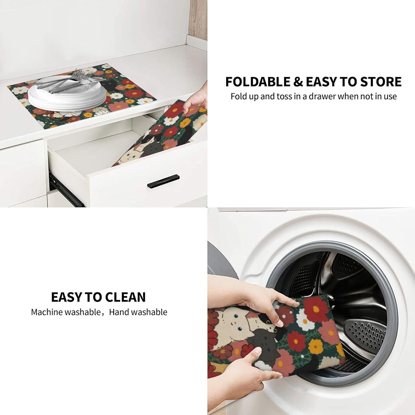 Cute Cat Flowers Dish Drying Mat 16x18 Inch, Microfiber Absorbent Fast Dry Mat Colorful Floral Large Dish Mat Drying Kitchen Mat, Kitchen Drying Pad for Kitchen Counter Coffee Bar Decor Gifts