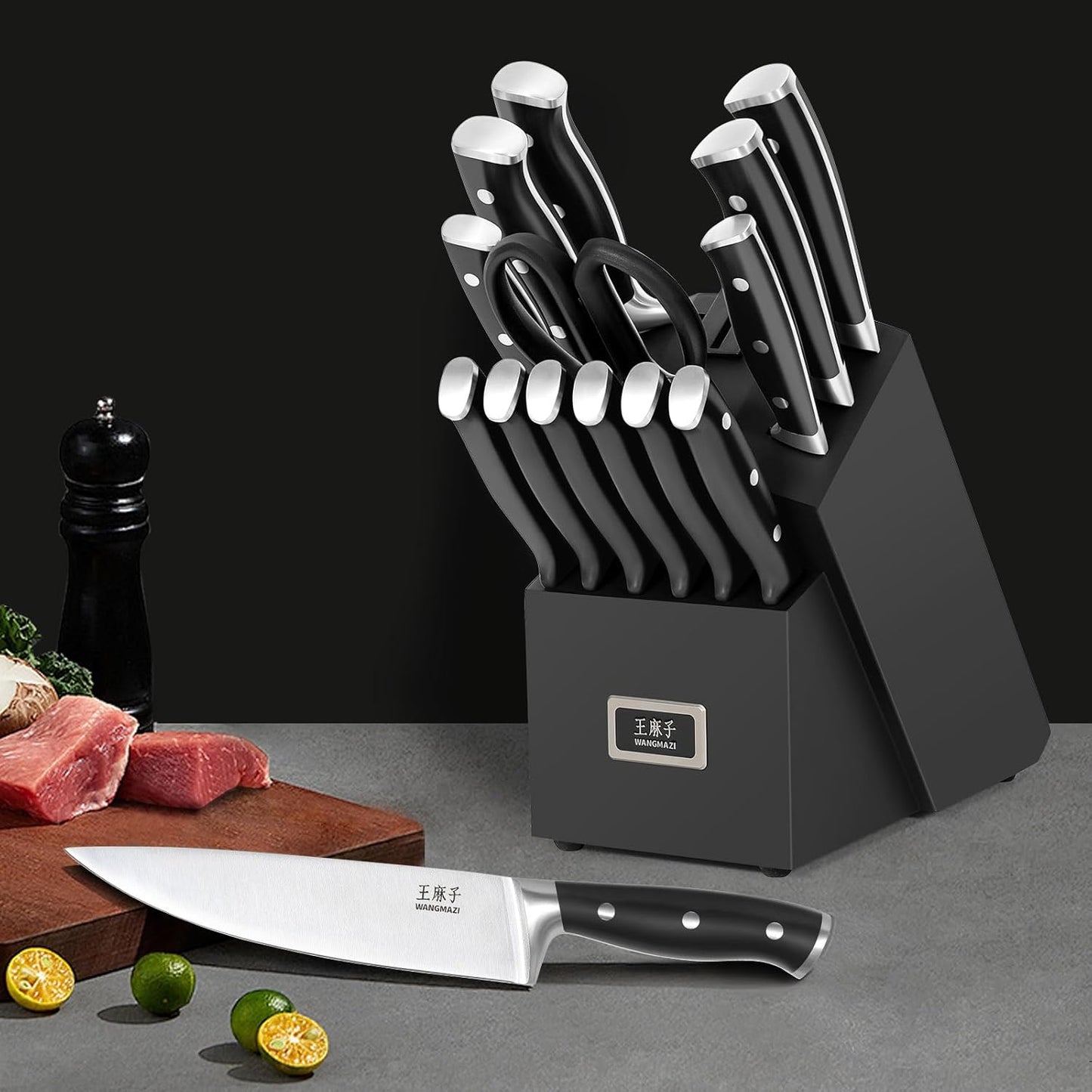 Premium Chef Knife Set,High Carbon Stainless Steel Ergonomic Rivet Handle,Sharp Knife Set for Kitchen,Hundreds of Years of Masterful Craftsmanship(Black,15PCS)
