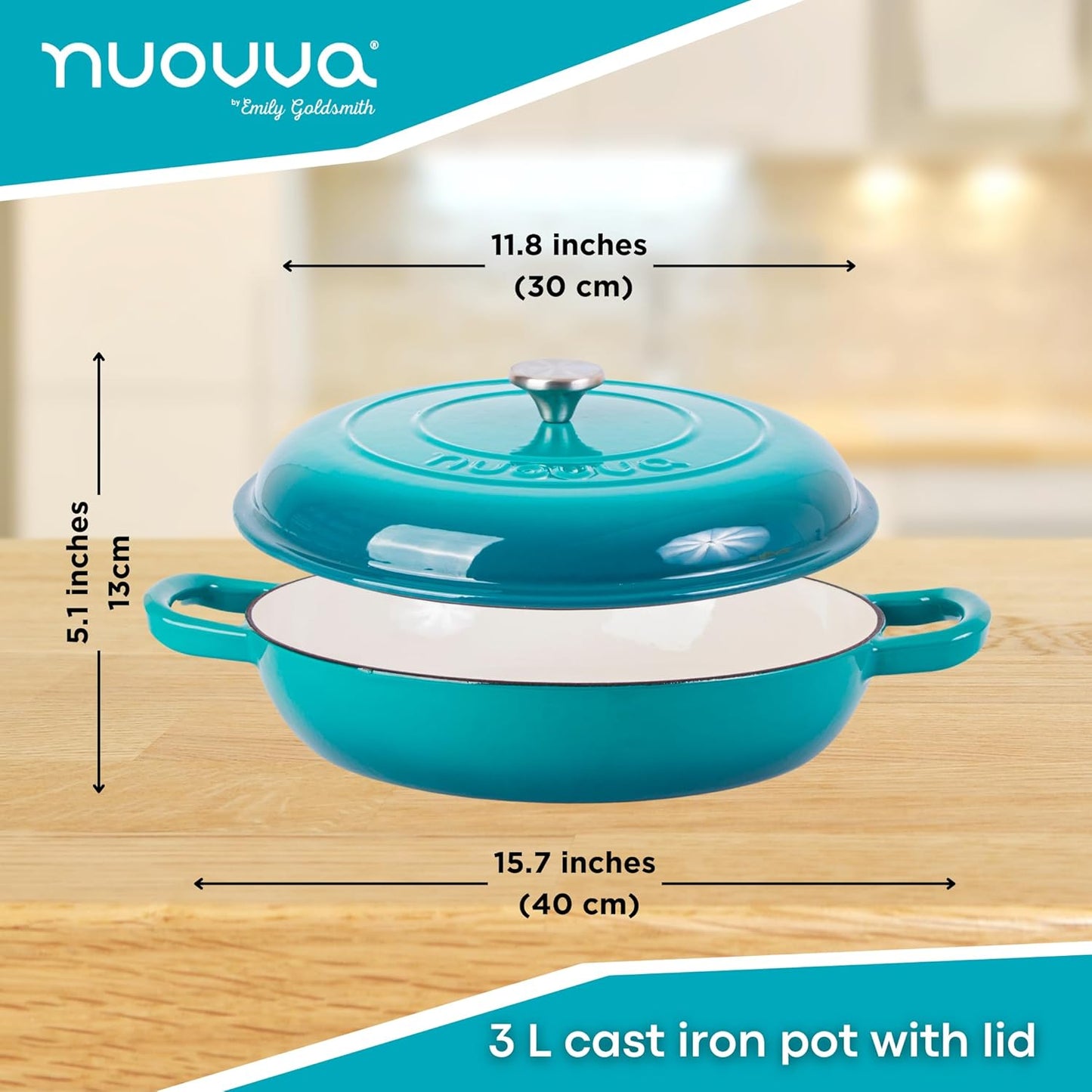Cast Iron Dutch Oven with Lid – Non Stick Shallow Dutch Oven Pot, Oven Safe up to 500° F – Sturdy Cooking Pot – Enamelled Stockpot Cookware – Teal, 3.7-Quart, 30cm – by Nuovva