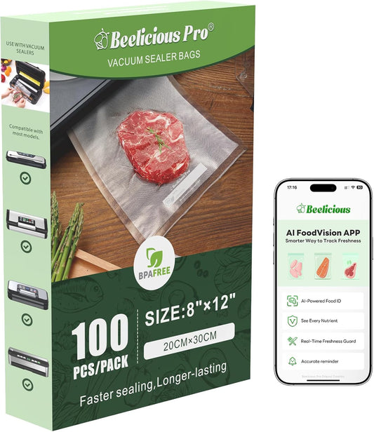 Beelicious Pro Precut Vacuum Sealer Bags for Food Storage 100 Count 8" x 12" with BPA-Free, Heavy Duty, Commercial Vacuum Seal Bags for Sous Vide & Seal a Meal